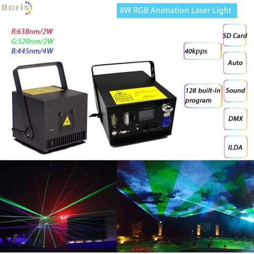 DMX+ILDA+SD Multi color 8W rgb laser light/dj lights/40kpps stage RGB Animation Laser Disco Light Analog Laser Stage Projector