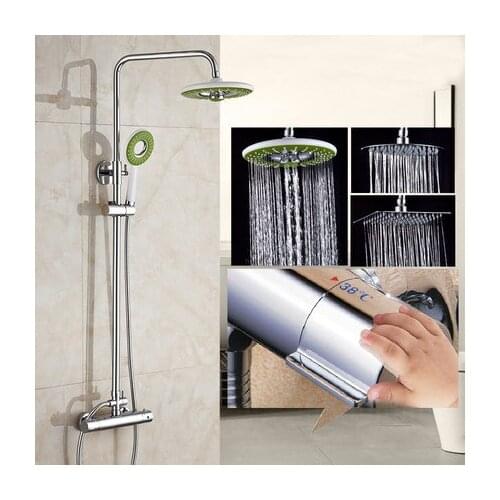 Chrome Polished Rainfall Thermostatic Solid Brass Lifting Shower Faucet Set With ABS Showerhead Handheld Sprayer Wall Mounted