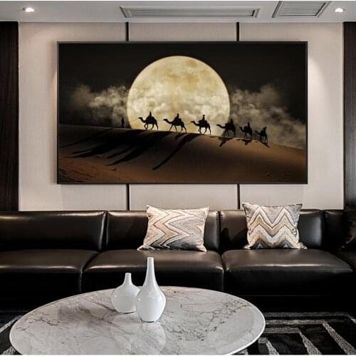 Desert Moon Night Scene Wall Art Posters And Prints Camel in the Desert Canvas Art Pictures Landscape Canvas Painting Wall Decor