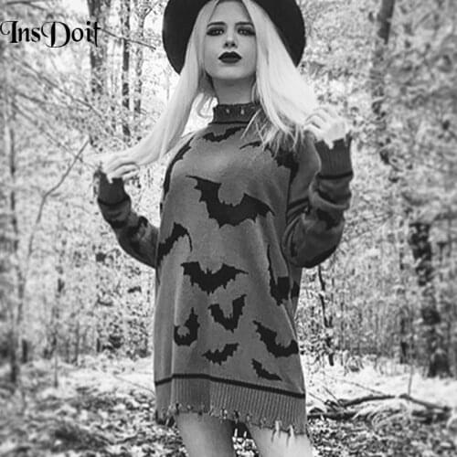 InsDoit Goth Sweater Bat Print Women Punk Grunge Streetwear O Neck Oversized Sweater Harajuku Long Sleeve Knitted Long Sweater