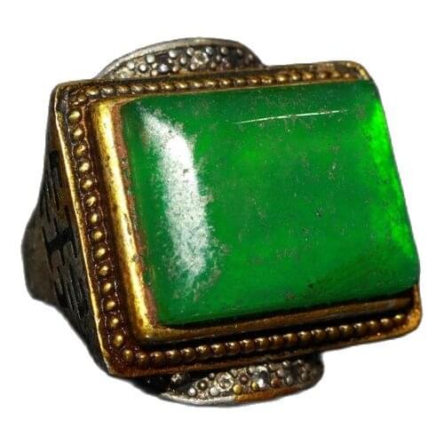 China Old Tibetan Silver Inlaid Emerald Gold Ring Ornament