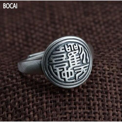 BOCAI New Real Pure S925 silver woman ring retro fashionable silver jewelry with words "Happy Day"