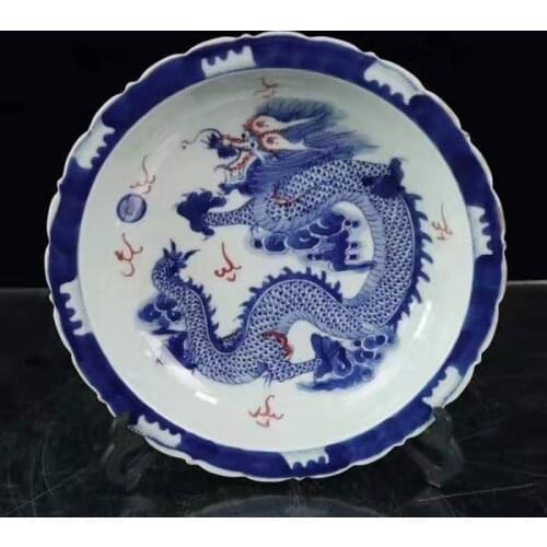 Collection of Chinese blue and white glaze red dragon lace plate / Red fish algae pattern lace plate