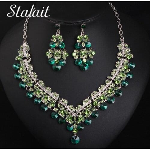 Trendy Earrings&Necklace Sets Flower Green Round Rhinestone Crystal Female Jewelry Silver Color Chain Women Bridal Jewelry Sets