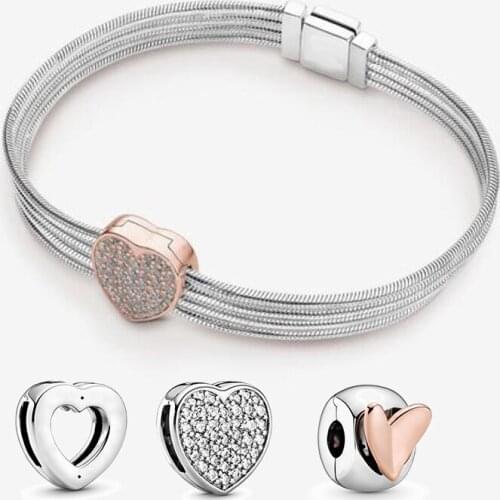 2020 Novelty High Quality 925 Silver Diy Bracelet With Pink Heart Clip Jewelry For Women Valentine Gift