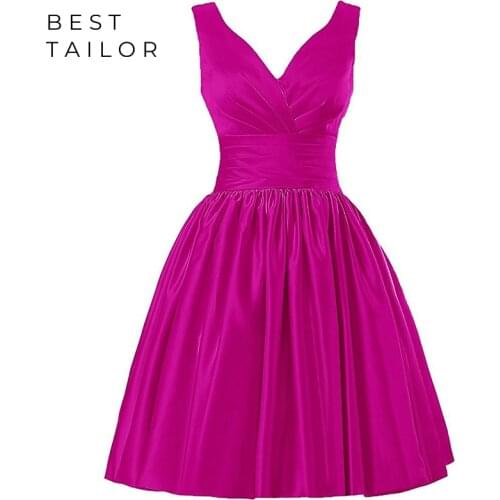 Bridesmaid Dresses Fuchsia Simple Cocktail 50s Women Retro Cocktail Gowns Lace Up Satin V-Neck 2021 Formal Wedding Party Gowns