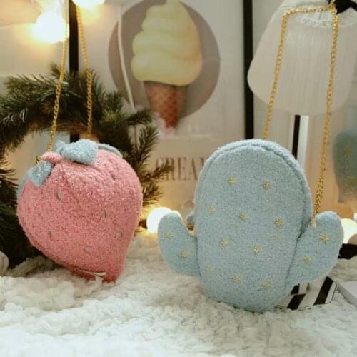 Plush strawberry cactus Plush Backpacks female lolita sweet chain mobile phone bag Plush single shoulder sloping bag for girls