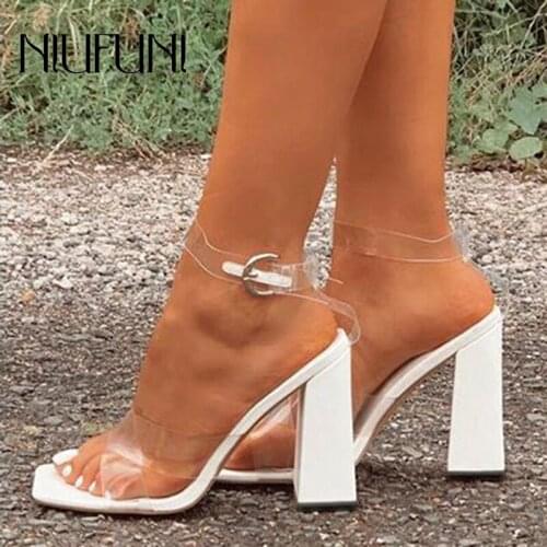 Transparent Plus Size 35-41 Sandals Women NIUFUNI Square Toe Buckle Clear High Heels Casual Shoes For Women Sandalias mujer