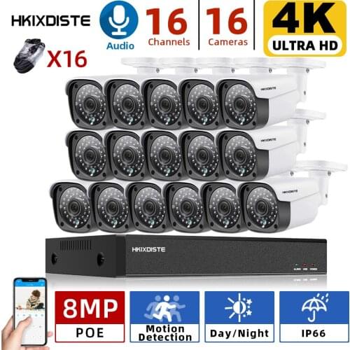 H.265+ 16CH 4K 8MP POE NVR System 8MP security IN/Outdoor waterproof Audio AI Record IP cameras CCTV Video Surveillance kit