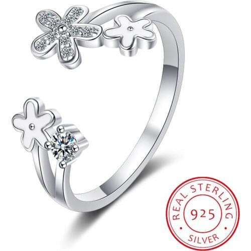 Fresh Flower 925 Sterling Silver Temperament Personality Literary Fashion Gift Korea Female Resizable Opening Rings SRI172