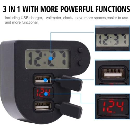 Waterproof 12V 24V Motorcycle Dual USB Charger With Time Clock LED Voltmeter ON OFF Switch Power Adapter for Mobile Phone GPS