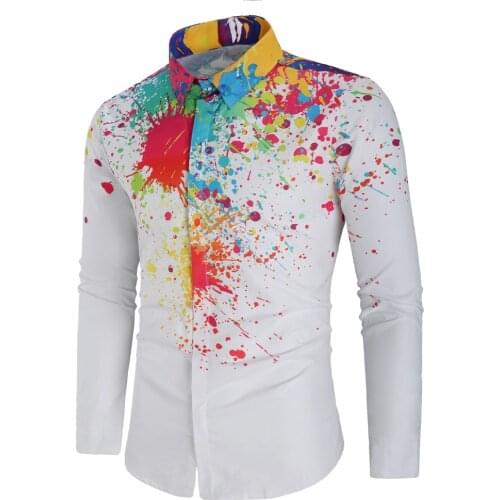 High Quality Men Shirt 2019 Brand Fashion Casual Slim Geometric Print Long Sleeve Shirt Men Business Social White Top Clothes