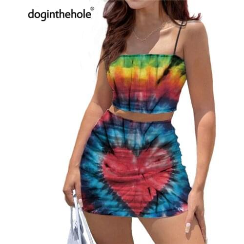 Y2k Colorful Tie Dye Print Crop Top and Mini Skirt Festival Outfits Bodycon Backless Halter Dress Party Club 2pcs Set for Women