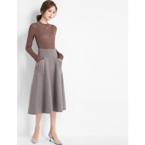 High Waist Autumn And Winter Women Wool Knitting Long Skirts Vintage Women Double Pocket Black Skirt Fluffy Loose Wool Skirt