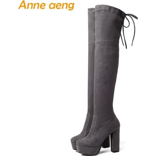2019 new Spring/Autumn ladies kid suede shoes high square heel women over the knee boots gray motorcycle boots size 34-43