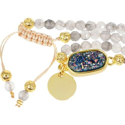 4mm Faceted Stone Bracelet for Women, Titanium Coated Druzy Quartz Healing Crystal Adjustable Bracelets for Men, 6"-7.8" Strand