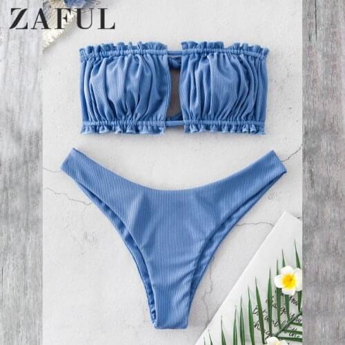ZAFUL Ribbed Tie Cutout Bandeau Bikini Swimsuit Sexy Strapless Ruched Cut Out Bikini Elastic High Cut High Leg Women Bikini Sets