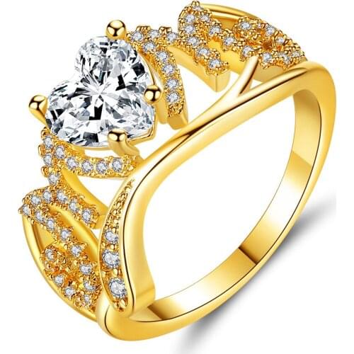 Golden Heart Rings Crystal Zircon Ring Christmas Gift for Women Wedding Jewelry Rings Best Gift Anniversary Gift