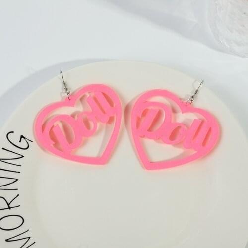 2021 Ins Trendy Y2K Style Simple Creative Pink Letter Doll Heart Shape Acrylic Earrings For Women Girl Jewelry Gift