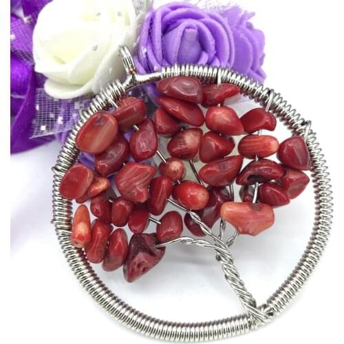 50mm natural stone red coral irregular gravel wire winding round pendant charms reiki amulet silver-color elegant jewelry B3050