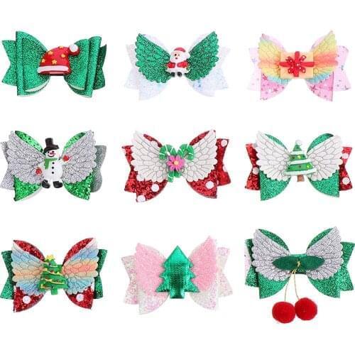 9pcs Christmas Hair Clips Glitter Hair Bow Angel Wing Sequins Alligator Clips Santa Claus Hairpins for Christmas Birthday Gift