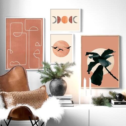 Abstract Vintage Sun Moon Line Plant Canvas Art Paintings Nordic Posters and Prints Wall Pictures for Living Room Home Decor