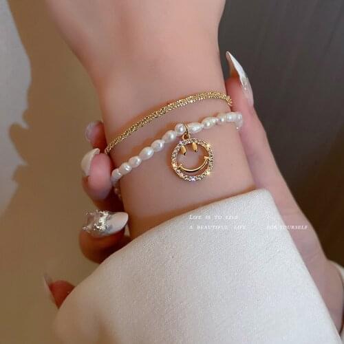 2pcs Fashion Pearl Alloy Pendant Thick Chain Bracelet for Women 2021 Freshwater Pearl Zircon Smiley Face Bangle Party Jewelry
