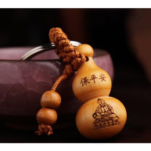 Hot Chinese Traditional Good Luck Gourd Keychain Cute Mini Peach Wood Key ring Wishful Lucky Pendant Car Keys Ornaments