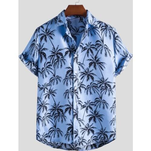 Mens Hawaiian Shirt Spring Summer Casual Shitrs Palm Leaf Printed Tropical Short Sleeve Beach Shirts Top Blouse