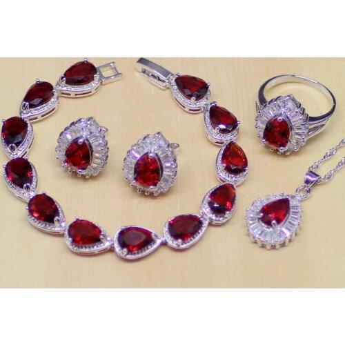 Water Drop Red CZ White Zircon 925 Sterling Silver Jewelry Sets Women Earrings/Pendant/Necklace/Ring/Bracelet