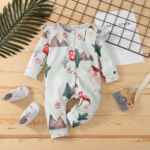 Newborn Baby Girls Boys Cute Jumpsuits 0-24M Animal Pattern Printed Single Breasted Long Sleeve Autumn Romper