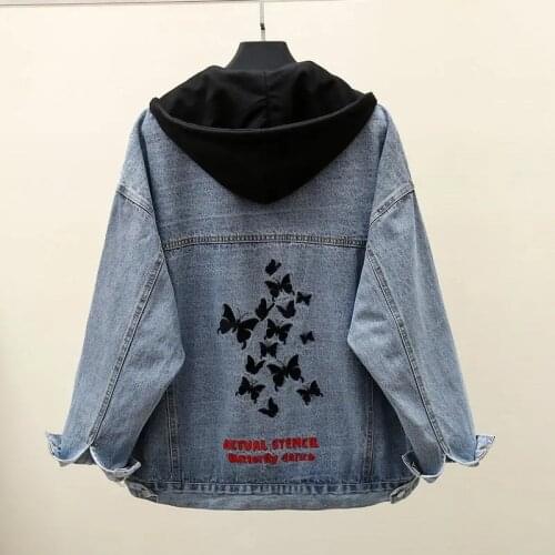 Loose Deconstructable Hooded Letter Embroidery Denim Jacket Women Blue Vintage Jean Coat Streetwear Fashion Big Size Outwear