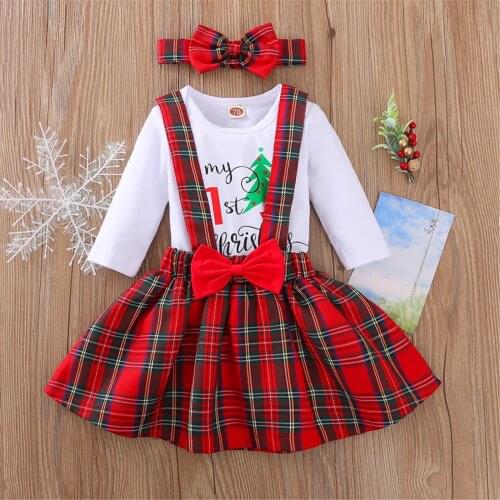 Ma&Baby 0-12M My 1st Christmas Newborn Infant Baby Girls Clothes Set Letter Romper Red Plaid Skirts Headband Xmas Outfit Costume