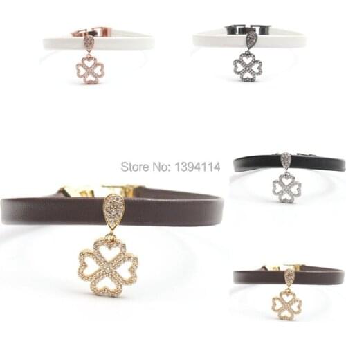 Micro Pave Clear CZ Clover Charm Stringed 8*1mm Leather Cord Fold Over Clasp Bracelet Jewelry Approx 8 Inch