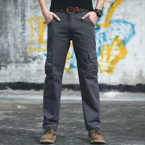 Men Casual Trousers Solid Color Multi Pockets Mid Rise Stylish Long Straight Cargo Long Pants Trousers Male Men street Joggers
