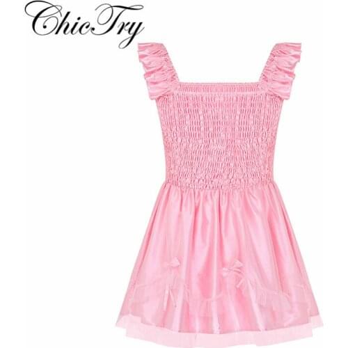 New Arrival Male Mens Adults Ruffled Bodice with Ribbon Bows Stretchy Satin Sissy Dress Adult Baby Cross Dresses Cosplay Costume