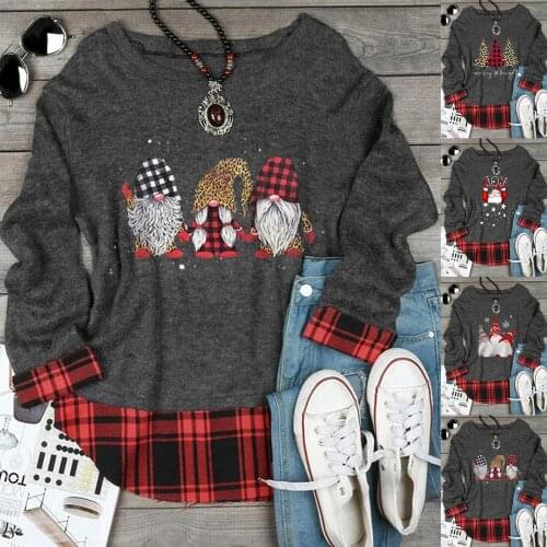 Autumn And Winter Womens New Fashion Casual Long Sleeve Santa Gnome Print Blouse Top Plaid Patchwork Christmas T-shirt
