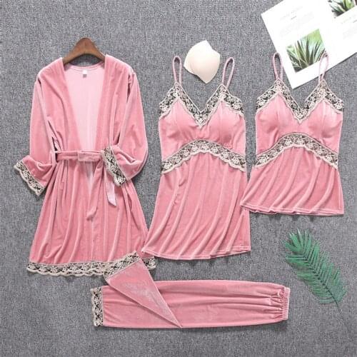 4PCS Sexy Female Autumn Home Loose Pajamas Suit Velvet Sleeprobe Casual Kimono Gown Velour Bathrobe Pijamas Set Pyjamas Set Lady