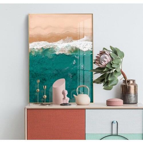 Blue Sea Pink Beach White Wave Landscape Boat Art Canvas Painting Nordic Posters And Prints Wall Pictures For Living Room Decor