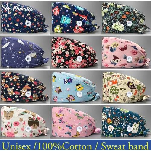 Fashion cotton flower Cartoon print hats adjustable Scrubs hats beauty salon work cap laboratory pet shop Breathable scrubs caps