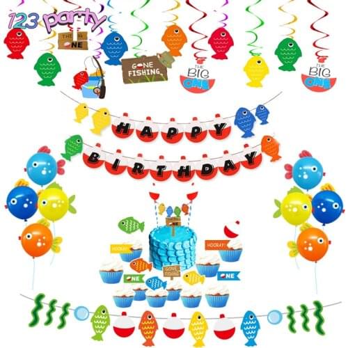 Ocean theme party fish banner cake topper children happy birthday party decoration baby shower supplies balloons first birthday