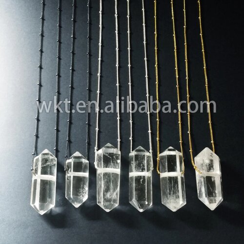 WT-N166 Hot sale natural double point Raw Crystal quartz necklace gold trim beads chain necklace jewelry gift