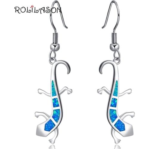 ROLILASON Animal gecko design Navy blue Fire Opal 925 Silver Drop Earrings for ladies party fashion jewelry OE700