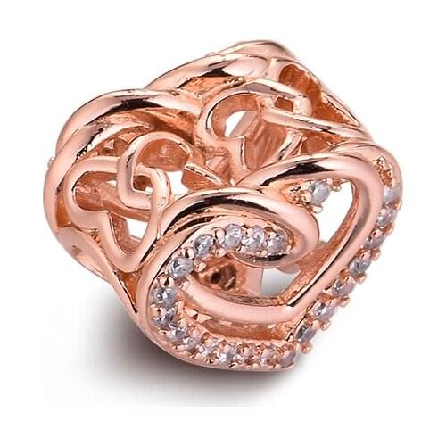 Woman DIY Charms Sparkling Entwined Hearts Charm Rose Gold Jewelry Fits Original Snake Chain Bracelets 2021 Valentines