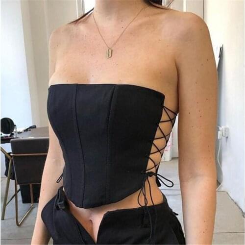 Female Tops Solid Color Sleeveless Strapless Base Shirt Ladies Black Sexy Side Badge Hollow Boob Tube Top for Women Black S/M/L
