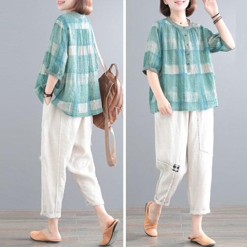 Single Piece/Suit Female 2021 Summer New Large Size Mothers Two-Piece Retro Printing Women Plaid Five-Point Sleeve Set L615