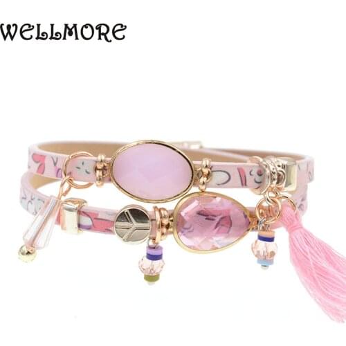 WELLMORE women bracelets trendy leather bracelet Inlaid glass charm bracelets for women fashion bracelets
