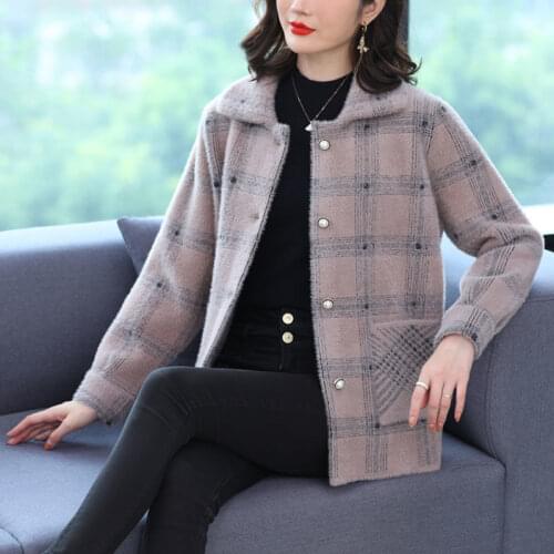 2021 Autumn Winter Women Imitation Mink Velvet Sweater Ladies Loose Turn Down Collar Sweater Female Casual Plaid Cardigan R280