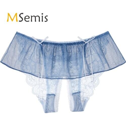 Womens Lingerie Crotchless Lace Panties Low Rise Bowknot Briefs Elastic Waistband Skirted Briefs Underpants Underwear