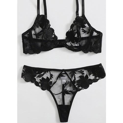 Womens Underwear See-Through Lace Sexy Lingerie Exotic Sets Corset Temptation Bra Thong Floral Embroidery Erotic Costumes